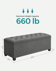 SONGMICS Storage Ottoman, Foot Rest With, 15.X 43.3 X 15.Inches, End Of Bed, Storage Chest, Load Up To 660 Lb, Living Room, Bedroom, Entryway, Dark Gray ULSF088G01 - 淺灰色 - 查看 3