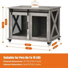 Dog Crate Furniture With Sliding Barn Door, Flip Top Dog Crate, Furniture-Style Dog Crates With Wheels, Indoor Dog Kennel Furniture With Removable Divider, Dog House, Decorative Pet House End Table,  Wooden Cage Kennel Furniture Indoor - Grey - View 6