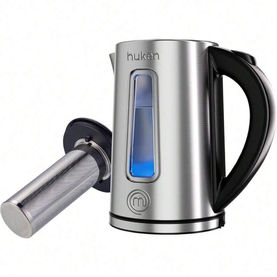 MasterChef by Hukën | Tetera Eléctrica Fuse+ con Infusor Removible | Hervidor de Vidrio/Acero Inoxidable | Base Giratoria 360° | Capacidad de 1.7 L | Calentador de Agua Rápido y Seguro (ON/OFF ACERO) - 1 - Ver 1