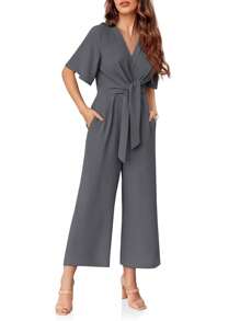Larisa Womens Wide Leg Jumpsuit Short Sleeve Tie Knot Front Summer Long Romper Stylish Outfit - Dark Grey - View 3