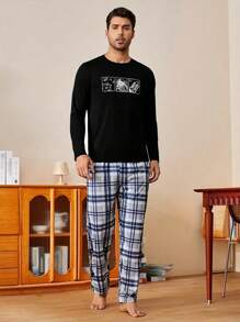 2-Pack Men's Classic Plaid Pajama Set - Long-Sleeve Top & Long Pants, Soft & Comfortable Sleepwear For Spring & Summer, Perfect For Home, Lounge, Or Cozy Nights - 黑色火箭 - 查看 1