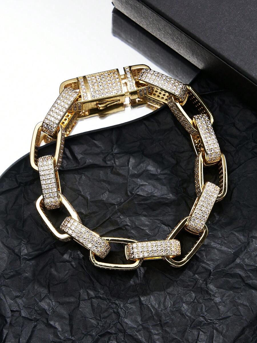 1 件锆石全镶 18K 镀金/铂金男女通用奢华嘻哈手链，适合日常佩戴，派对礼物