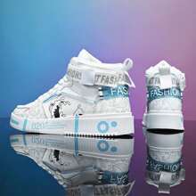 أحذية رياضية للرجال، أحذية كاجوال بيضاء،أحذية رجالية مطبوعة بطباعات جرافيتي شخصية للمراهقين، طباعات عشوائية - رماد ابيض - مشاهدة 2