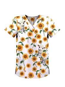Women's V-Neck Top Sunflower Floral Pattern Printed Nurse Uniform, Scrub Top With Pockets - Multicolor - View 2