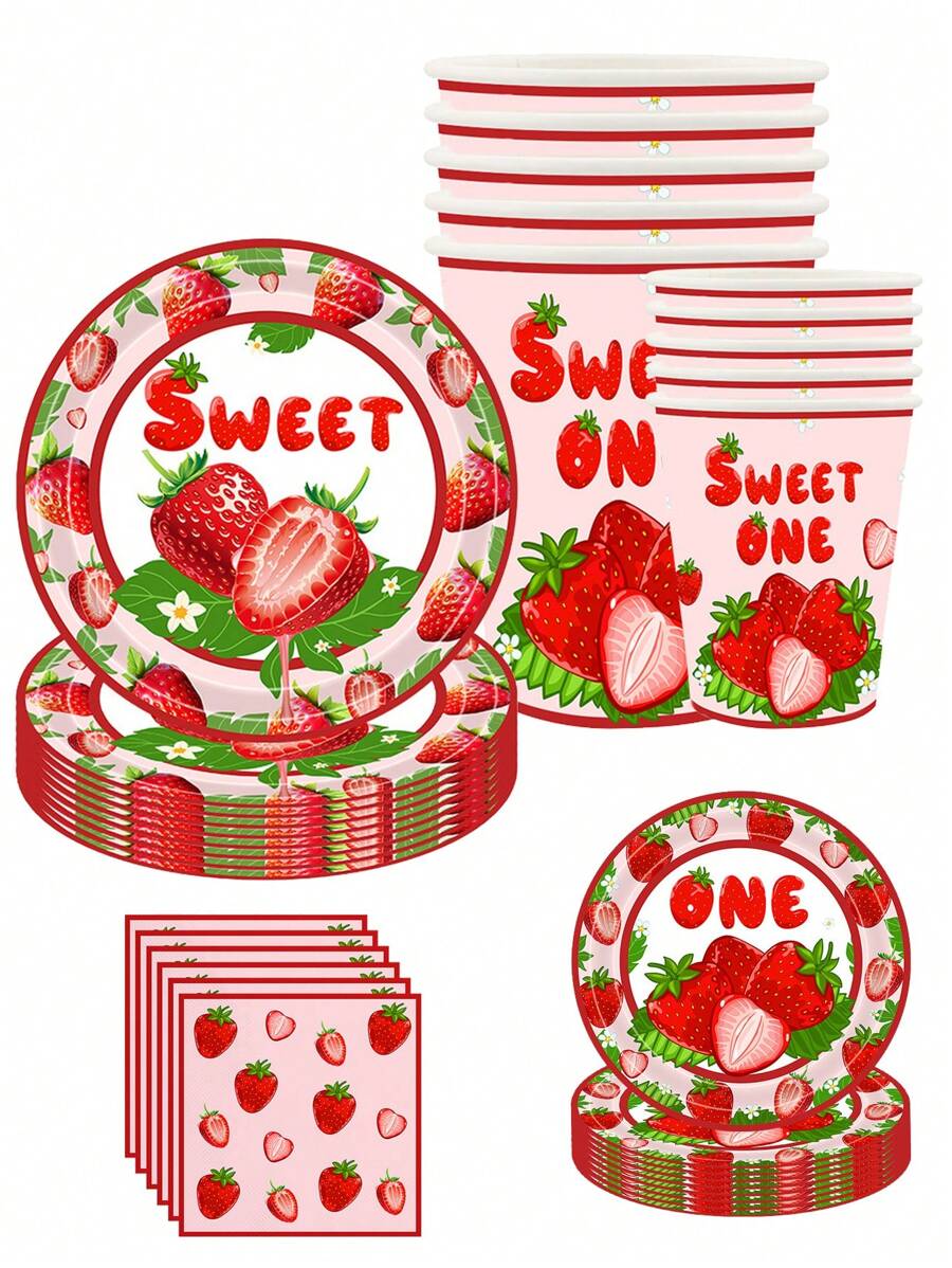 10pcs Strawberry Party Paper Tray Tableware Set, 7 Inch/9 Inch Paper Tray, 9OZ Paper Cup, Napkin, Holiday Party Strawberry Birthday Decoration Dessert Tray, Strawberry Shortbread Decoration, Birthday Party - Multicolor - View 1