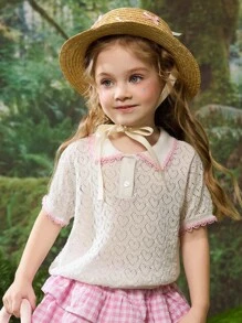 Girl's Polo Collar Short Sleeve Hollow Heart Knitted T-Shirt - Beige - View 5