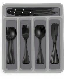 48-Piece Black Silverware Set With Organizer, Black Flatware Set With Steak Knives For   Tainless Steel Tableware Cutlery Set, Mirror Finished Utensil Sets For Home Restaurant