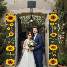 1 para (11,8*70,8 cala/30*180 cm) dwustronna dekoracja drzwi z motywem kwiatowym wiosennym ze wzorem słonecznika, materiał poliestrowy, wisząca ozdoba na werandę Happiness Spring, dekoracja ścienna do wewnątrz/na zewnątrz, lambrekin na drzwi imprezowe, wiszący baner w stylu wiejskim i podwórkowym, wiosenna dekoracja pokoju - nie wymaga zasilania, idealna na przyjęcie świąteczne w domu i na zewnątrz