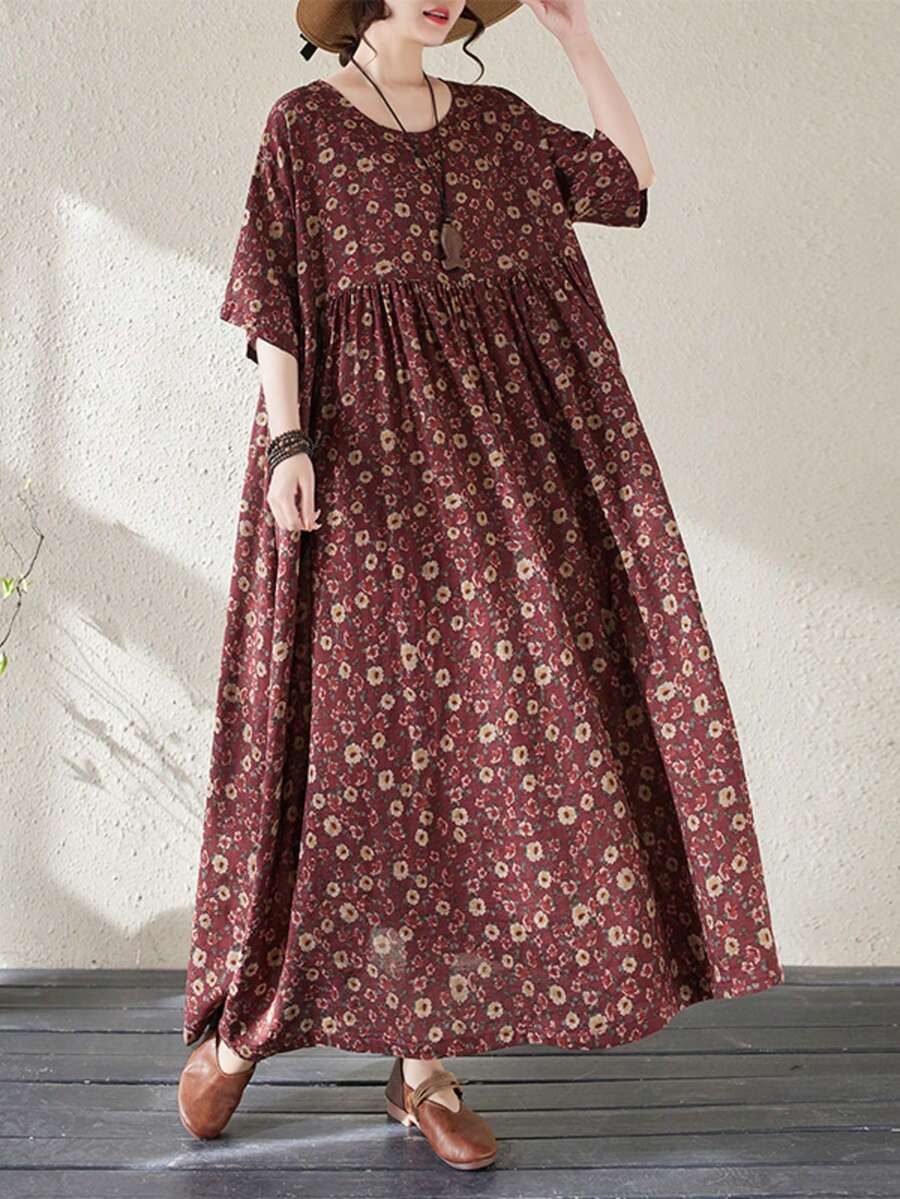 AZAH 女款大尺碼優雅媽媽洋裝,萬聖節舞會,夏季新款圓領短袖花卉波希米亞休閒度假洋裝,睡衣,沙灘洋裝 - 酒紅色 - 查看 1