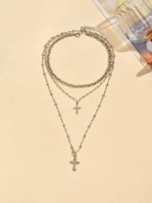 3pcs/Set Popular Handmade Silver Chain Necklace Set, Fashion Simple Cross Pendant Necklace, Y Style Clavicle Chain Jewelry, Suitable For Daily Wear & Photo Shoots. Handmade Chains Can Be Cut To Desired Length. - Silver - View 3