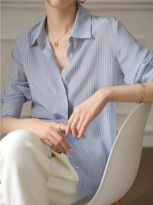 YUXIN Áo kiểu dài tay dáng rộng kẻ sọc xanh thời trang mới dành cho nữ, thiết kế thanh lịch phù hợp đi làm, tôn dáng và đa năng cho mùa xuân thường ngày. - Màu xanh lam - Xem 5