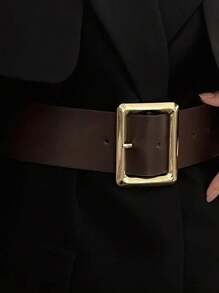 1pc Women's Fashion Black Wide Belt With Gold Square Buckle - Multi-Functional Slim Dress Accessories For Casual Dress Belt Elegant Casual Fall, Autumn, Halloween