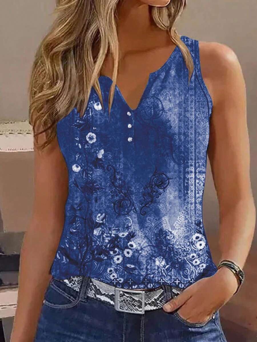 ChicMe 女士V领印花宽松舒适休闲吊带背心，夏季优雅 - 藍色 - 查看 1