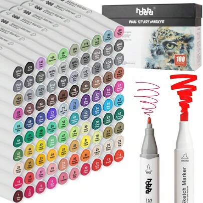 100 färger alkoholbaserade markörer, fina och breda permanenta konstmarkörer med dubbla spetsar, skissmarkörer för vuxna målarböcker, illustrationer och understrykningar