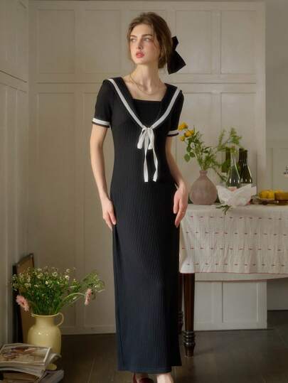 Simple Retro Women's Spring And Summer Models Navy Collar Front Middle Tie Knot Black And White Collision Romantic Elegant Retro Elegant Slim Short-Sleeved MIDI Dresses