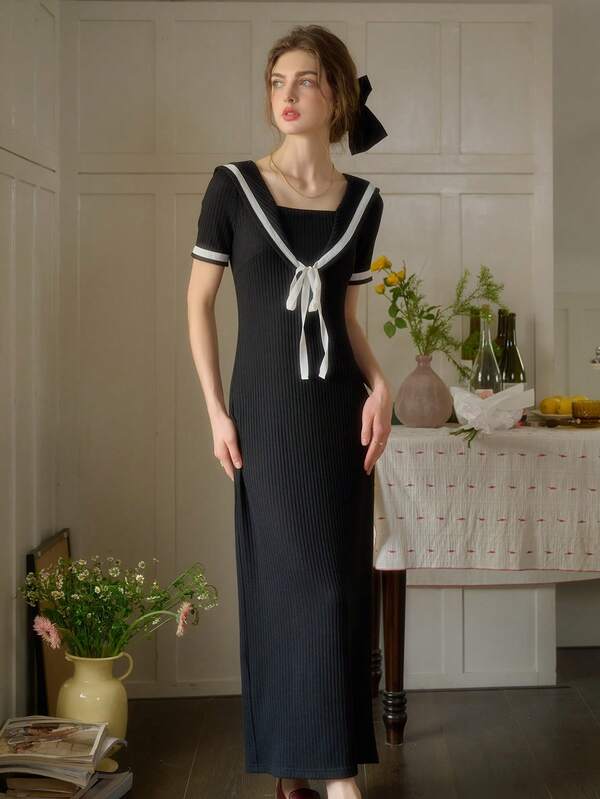 Simple Retro Women's Spring And Summer Models Navy Collar Front Middle Tie Knot Black And White Collision Romantic Elegant Retro Elegant Slim Short-Sleeved MIDI Dresses