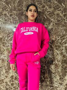 conjunto dama de pans y sudadera cuello redondo con estampado, felpa gruesa, pantalon con bolsas - Rosa Fucsia - Ver 2