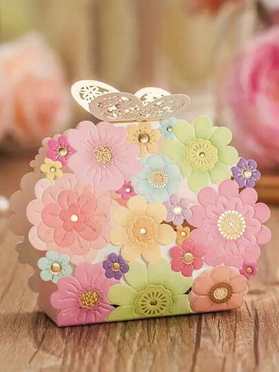 Hộp quà giấy rỗng hình hoa và bướm 10 chiếc/bộ, Bao bì đựng kẹo và đồ ăn nhẹ theo chủ đề hoạt hình thanh lịch, Dùng làm quà lưu niệm cưới, Hộp đựng quà Phục sinh