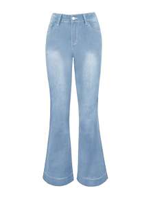 女款 Y2K 街头风低腰休闲牛仔喇叭裤，开学季，秋季 - 淺色水洗藍 - 查看 6