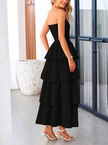 Ladies Elegant Summer Off-The-Shoulder Frilly Layered Cake Dress Long Flowing Dress Casual Beach Sundress - màu đen - Xem 2