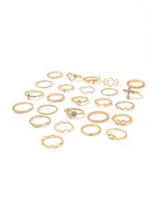 25pcs Set Diamond Studded Star, Moon, Heart Shaped Rings, Minimalist Diamond Bohemian Geometric Ring Set - Gold - View 3