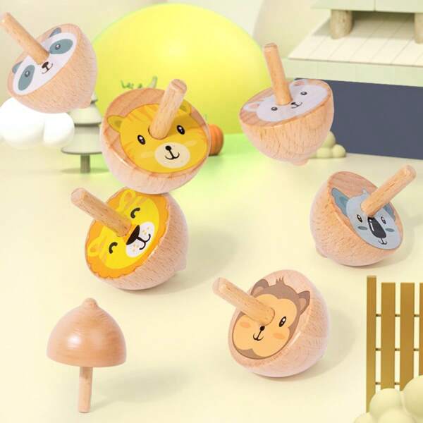6 件木制旋转陀螺玩具彩色水果陀螺玩具卡通动物儿童早教生日派对礼物