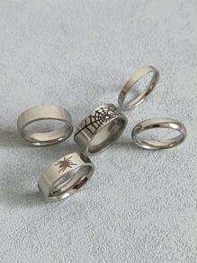 5pcs/Set Minimalist Vintage Stainless Steel Spider Web Decorative Ring Set Suitable For Man Woman Daily Use And Fashionable Jewelry Women Gifts Parties Birthday Gift Ladies Jewelry Stackable Ring Statement Band Size 6-12 Summer Vacation Jewelry