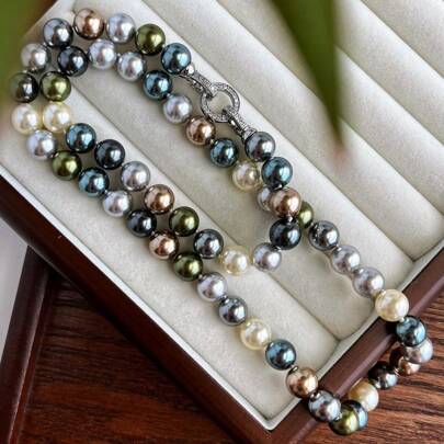 10mm Morandier Mixcolor Tahitian Pearl Necklace, Peacock Green Black Gray, Fashion Minimalist Necklace For Women, Suitable For Daily Wear And Valentine's Day Gift, Comes With Elegant Gift Box Packaging,Mom,Mother,Mother's Day,Gift