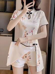 Vestido tipo Qipao mejorado, nuevo conjunto de vestido de estilo chino de moda joven para primavera y verano - Albaricoque - Ver 4