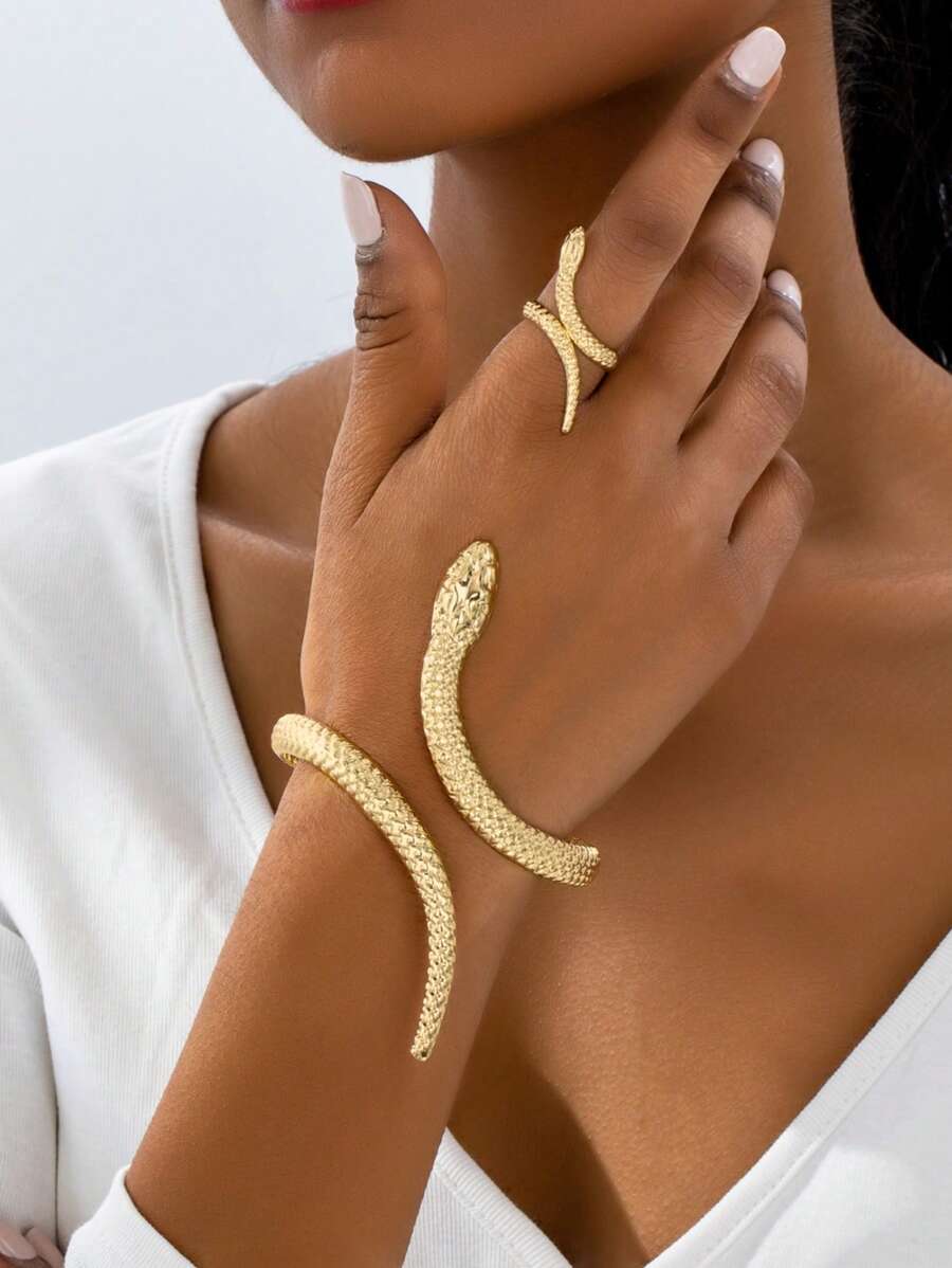 1 Set Exaggerated Snake Line Design Adjustable Open Bangle Bracelets For Women, European And American Style - Gold - View 1