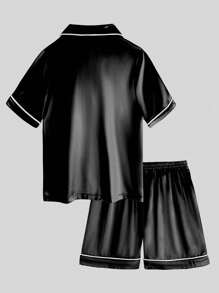 2pcs Tween Boy Black Lapel Neck Short Sleeve Single-Breasted Top & Shorts Casual Pajamas Set