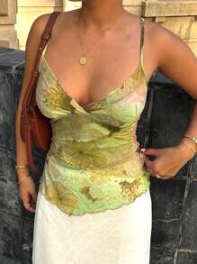 Women Summer Floral V-NecK Irregular Hem Mesh Cami Vest Tops - 綠色 - 查看 2