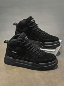 British Style Black PU Skateboard Shoes For Teenagers, Men Black Suede Round Toe High-Top Lace-Up Dress Shoes