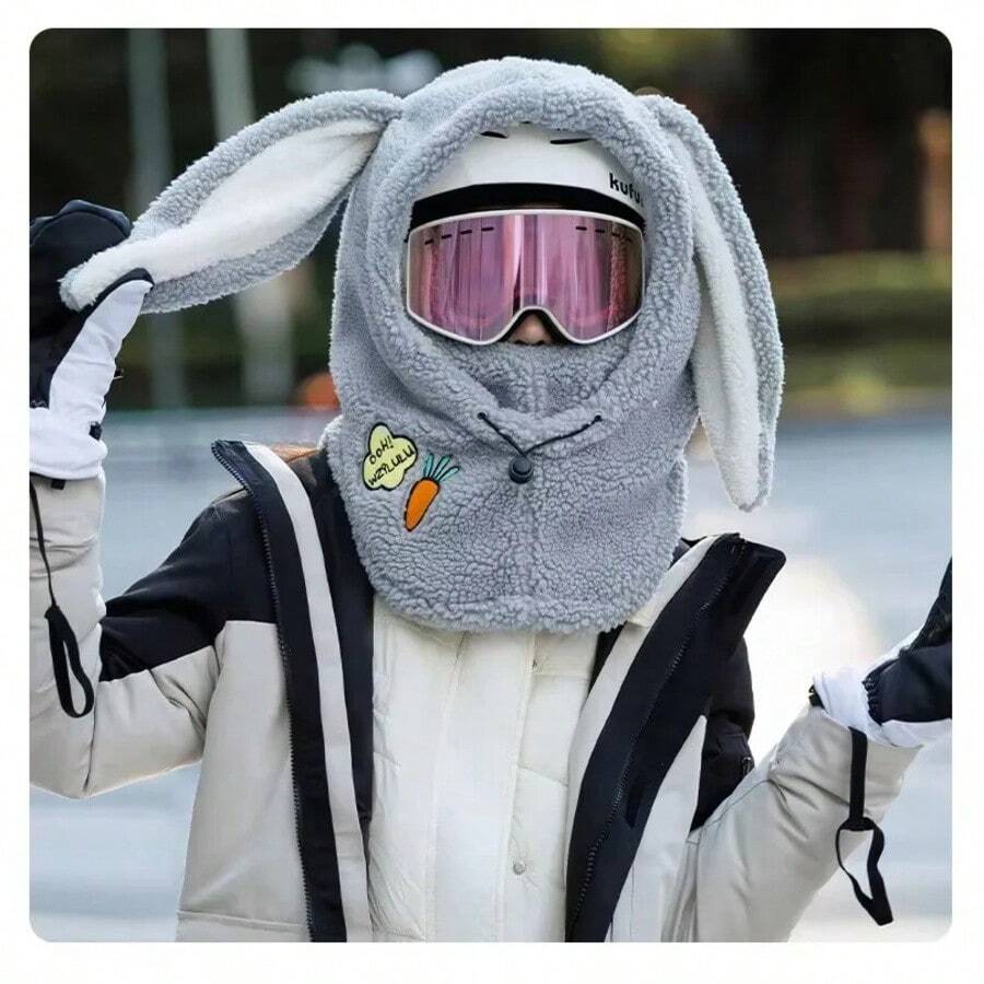 WinterWarmSkiHelmetCoverAutumnWinterOutdoorRidingPlusVelvetThickenedSkiingCapScarfWarmerCuteHelmetCoverHat - 灰色 - 查看 1