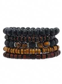 5pcs/Set Vintage Casual Men Beaded PU Leather Bracelet Set, Accessory For Everyday Wear, Sports, Gift For Boyfriend - 5-piece Set-5893201 - View 1