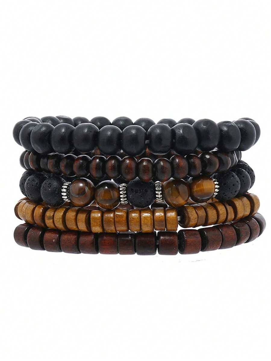 5pcs/Set Vintage Casual Men Beaded PU Leather Bracelet Set, Accessory For Everyday Wear, Sports, Gift For Boyfriend - 5-piece Set-5893201 - View 1
