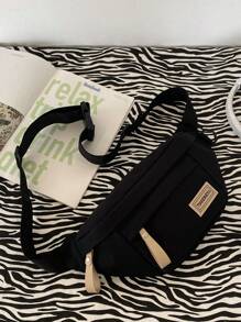 1pc Fashion Minimalist Solid Color Letter Print Adjustable Strap Zipper Closure Chest Bag/Waist Bag, Casual Daily, Sporty, Travel, Street Style, Lightweight, Water-Resistant, Multi-Compartment Nylon Peach Tree, For Men Pouch Phone Bag - Black - View 7