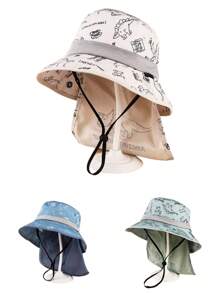 1pc Kids Cartoon Dinosaur Print Quick-Dry Outdoor Travel Sunshade Beach Bucket Hat, Spring/Summer