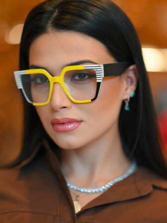 1 件男女通用大框复古方形猫眼条纹印花装饰透明镜片眼镜，时尚光学镜架适合日常佩戴和通勤