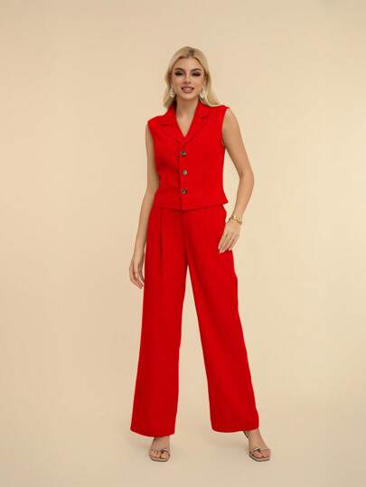 RED MARINE Conjunto de Top sin mangas y pantalones de unicolor minimalista para mujer, uso diario casual