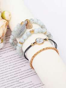 4 Women's Pink Wedding Season Marble Bracelet Sets, Gifts For Friends