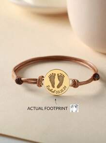 Personalized Custom Engraved Bracelet, Handmade Wax Rope Woven Stainless Steel Hand Plate Chain Name Adjustable Handprint Footprint Bracelet, Ladies Men's Anniversary / Holiday Gift