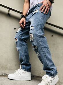 Jeans droits vintage délavé polyvalent et tendance, style déchiré, pour hommes