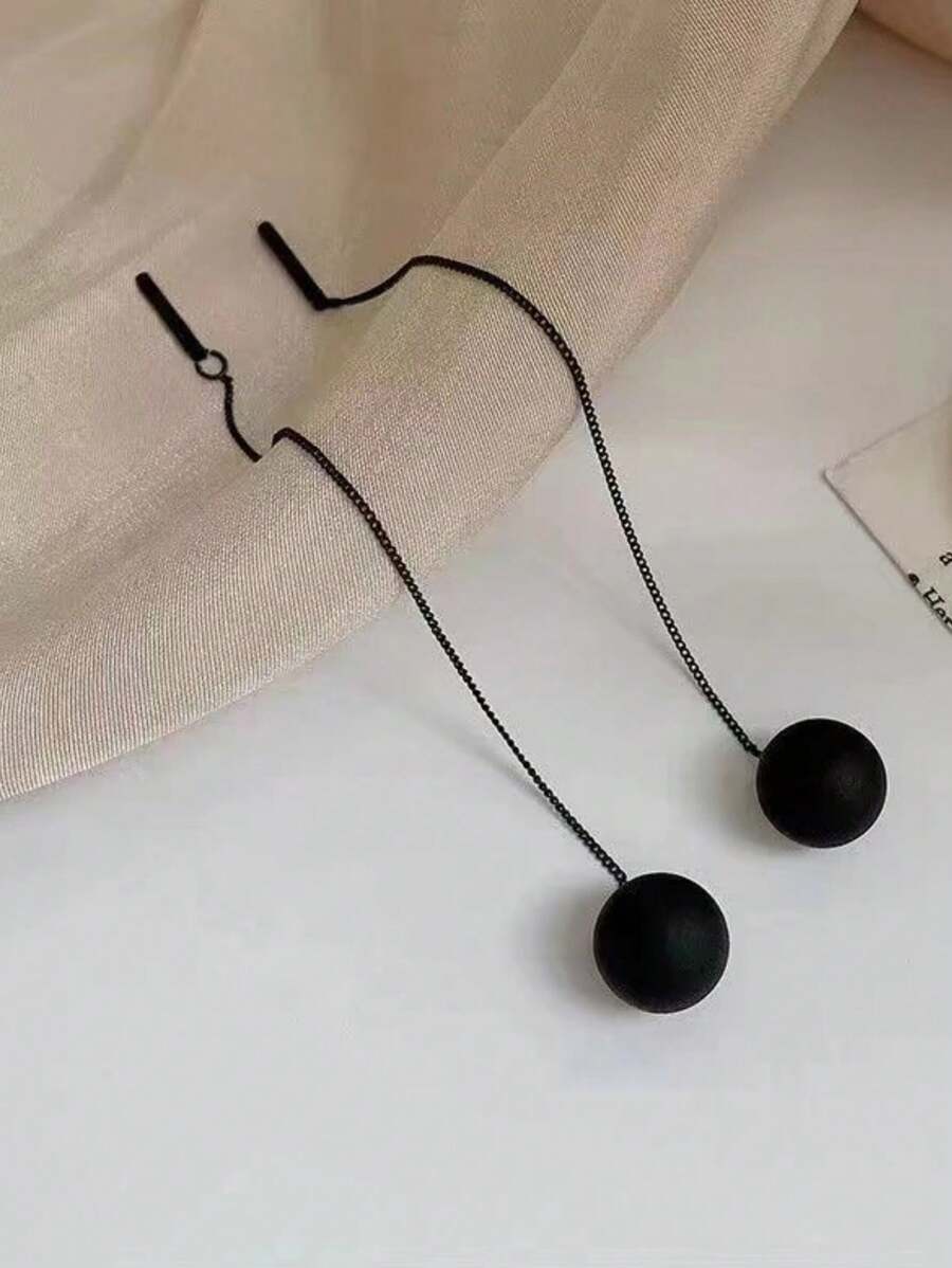 1 件时尚简约哑光黑色珠球吊坠长耳环，耳链耳环 - 黑色 - 查看 1