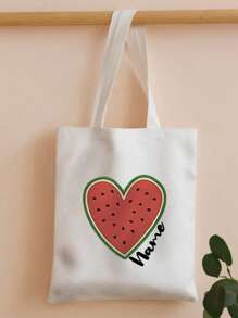1pc Personalized Custom Name Watermelon Heart Canvas Tote Bag, Large Capacity Shoulder Bag For Women, Reusable Shopping Bag, Washable, Suitable For Travel And Daily Commuting, A Must-Have For Summer Beach Vacation