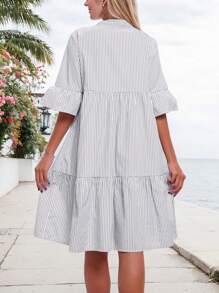 tooluck Chic Stripes Print Midi Maxi Dress, Ruffle Hem Design Idea To Daily Wear Street Style, Woman Clothes - White - View 5