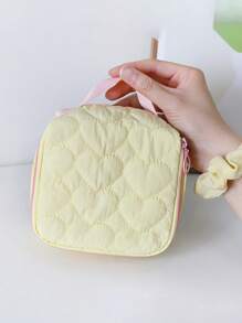 1 pieza Bolsa de maquillaje de lona con diseño de corazón para mujeres, gran capacidad, estilo coreano de moda, estuche con cremallera, bolso de viaje portátil, organizador de artículos de tocador para auriculares, lápiz labial, toallitas sanitarias (el color del tirador de la cremallera es aleatorio)