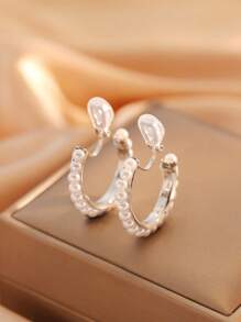 1 Pair Pearl Decor Clip-On Earrings For Women, High-End Elegant Slimming Ear Accessories Suitable For Daily Wear, Gift For Her