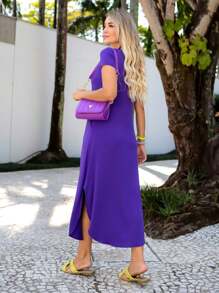 Long Dress Short Sleeve Fashion Comfy Super Comfortable With Pocket - 紫色 - 查看 2