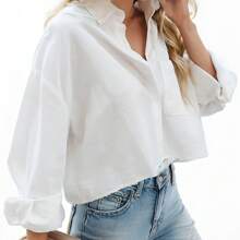 SANOPY Womens Tops,Blouses For Women Dressy Casual,Womens Blouses,Blouses For Women Business Casual,Work Blouses For Women,Women's Lapel Button Chest Pocket Short Casual Loose Shirt - 白色 - 查看 5